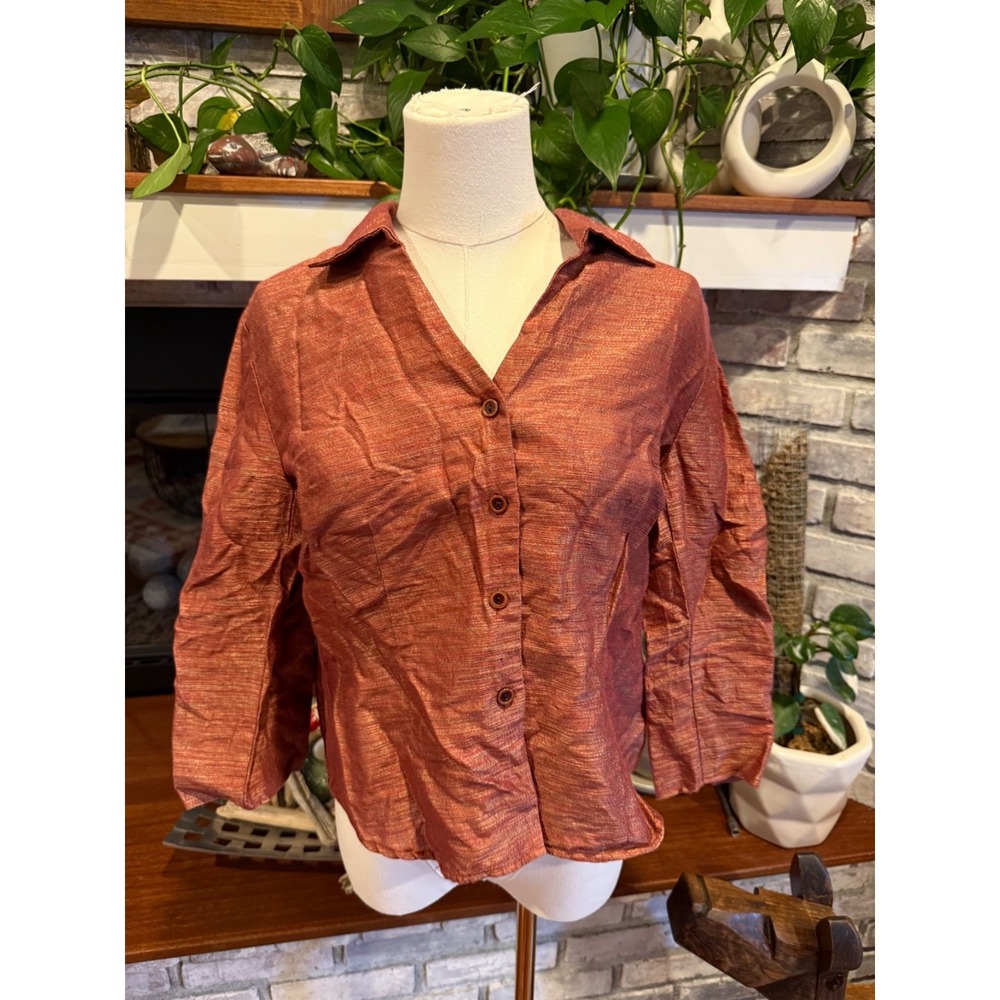 Vintage Gianni Linen Blouse Button Down Collared USA | Rust‎ | Womens 8